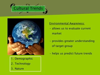 Cultural Trends


                   Environmental Awareness:
                   • allows us to evaluate current
                    market

                   • provides greater understanding
                    of target group

                   • helps us predict future trends
1. Demographic
2. Technology
3. Nature
 