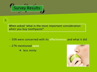 Survey Results


3.

     When asked „what is the most important consideration
     when you buy toothpaste?‟


     • 50% were concerned with its effectiveness and what it did

     • 27% mentioned taste
             less minty
 