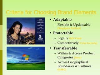Criteria for Choosing Brand Elements
                 • Adaptable
                   – Flexible & Updateable
                     (Singapore Airlines)

                 • Protectable
                   – Legally (MS Vista)
                   – Competitively (Coke Formula)
                 • Transferrable
                   – Within & Across Product
                     Categories (Sony)
                   – Across Geographical
                     Boundaries & Cultures
                     (HSBC)
 
