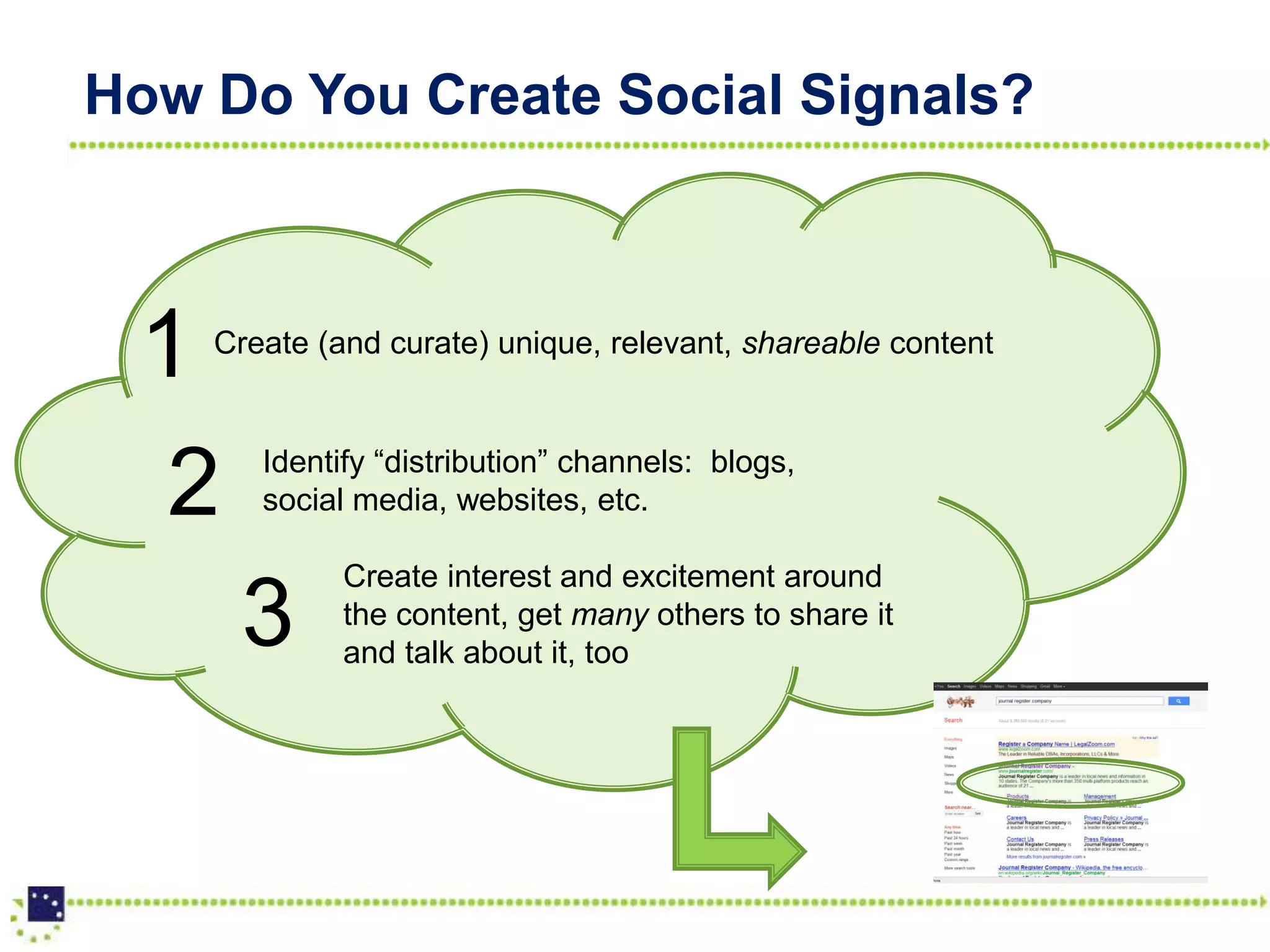 How Do You Create Social Signals?



 1  Create (and curate) unique, relevant, shareable content


       Identify “distribution” channels: blogs,
  2    social media, websites, etc.

             Create interest and excitement around
      3      the content, get many others to share it
             and talk about it, too
 