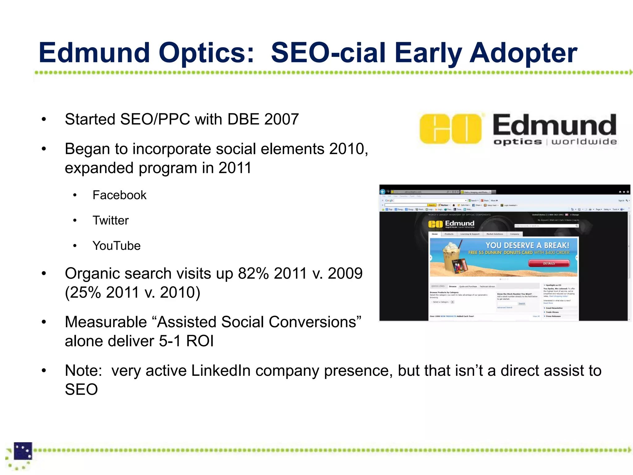 Edmund Optics: SEO-cial Early Adopter

•   Started SEO/PPC with DBE 2007
•   Began to incorporate social elements 2010,
    expanded program in 2011
     •   Facebook

     •   Twitter

     •   YouTube

•   Organic search visits up 82% 2011 v. 2009
    (25% 2011 v. 2010)
•   Measurable “Assisted Social Conversions”
    alone deliver 5-1 ROI
•   Note: very active LinkedIn company presence, but that isn’t a direct assist to
    SEO
 