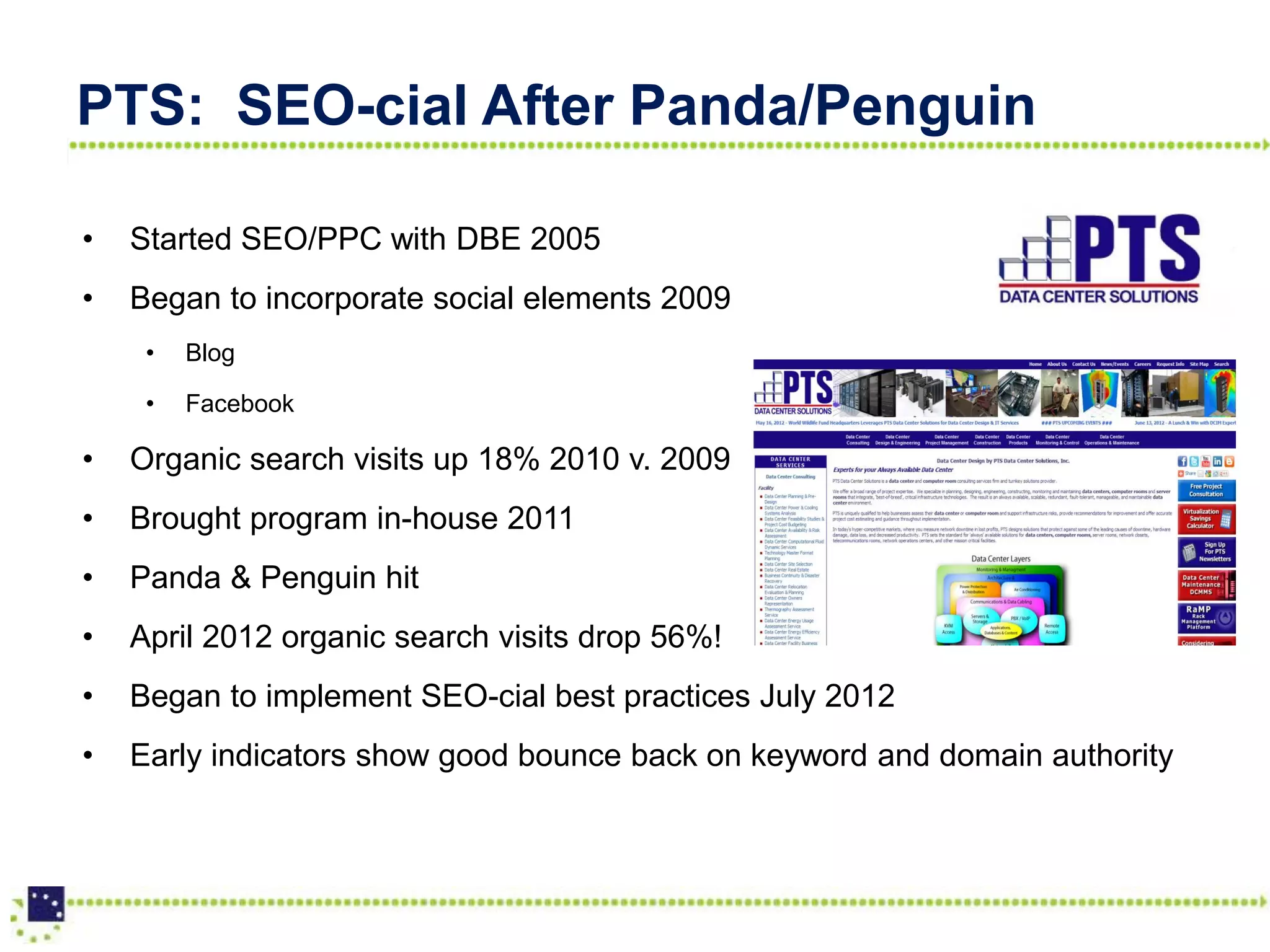 PTS: SEO-cial After Panda/Penguin

•   Started SEO/PPC with DBE 2005
•   Began to incorporate social elements 2009
     •   Blog

     •   Facebook

•   Organic search visits up 18% 2010 v. 2009
•   Brought program in-house 2011
•   Panda & Penguin hit
•   April 2012 organic search visits drop 56%!
•   Began to implement SEO-cial best practices July 2012
•   Early indicators show good bounce back on keyword and domain authority
 
