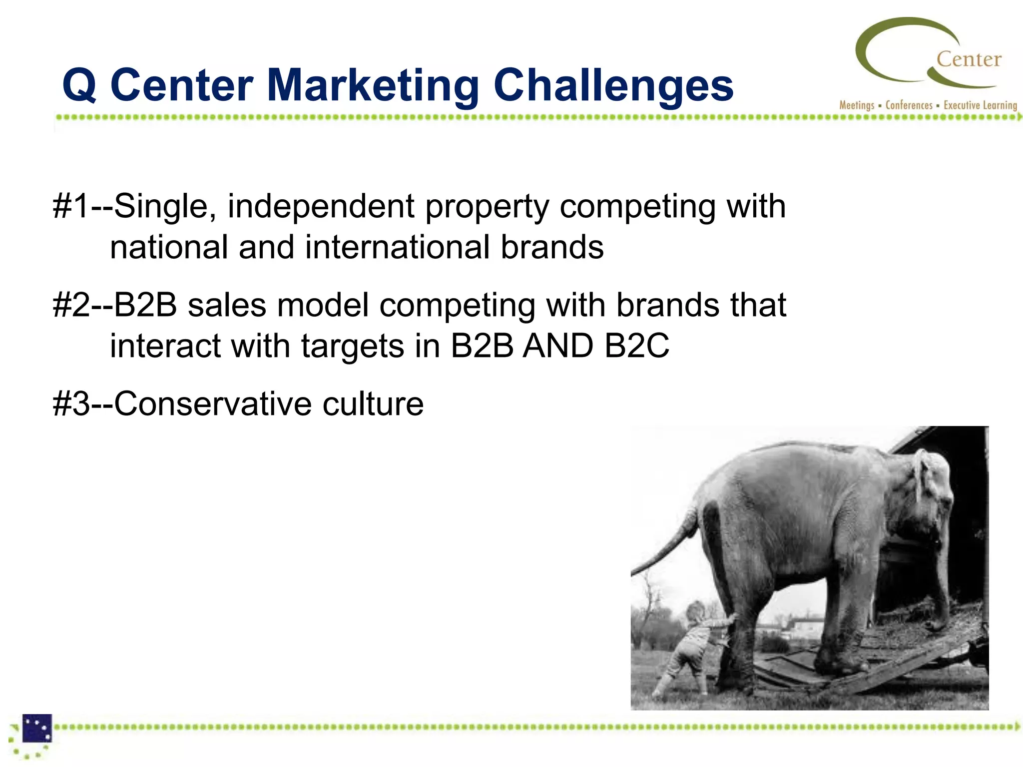 Q Center Marketing Challenges

#1--Single, independent property competing with
    national and international brands
#2--B2B sales model competing with brands that
    interact with targets in B2B AND B2C
#3--Conservative culture
 