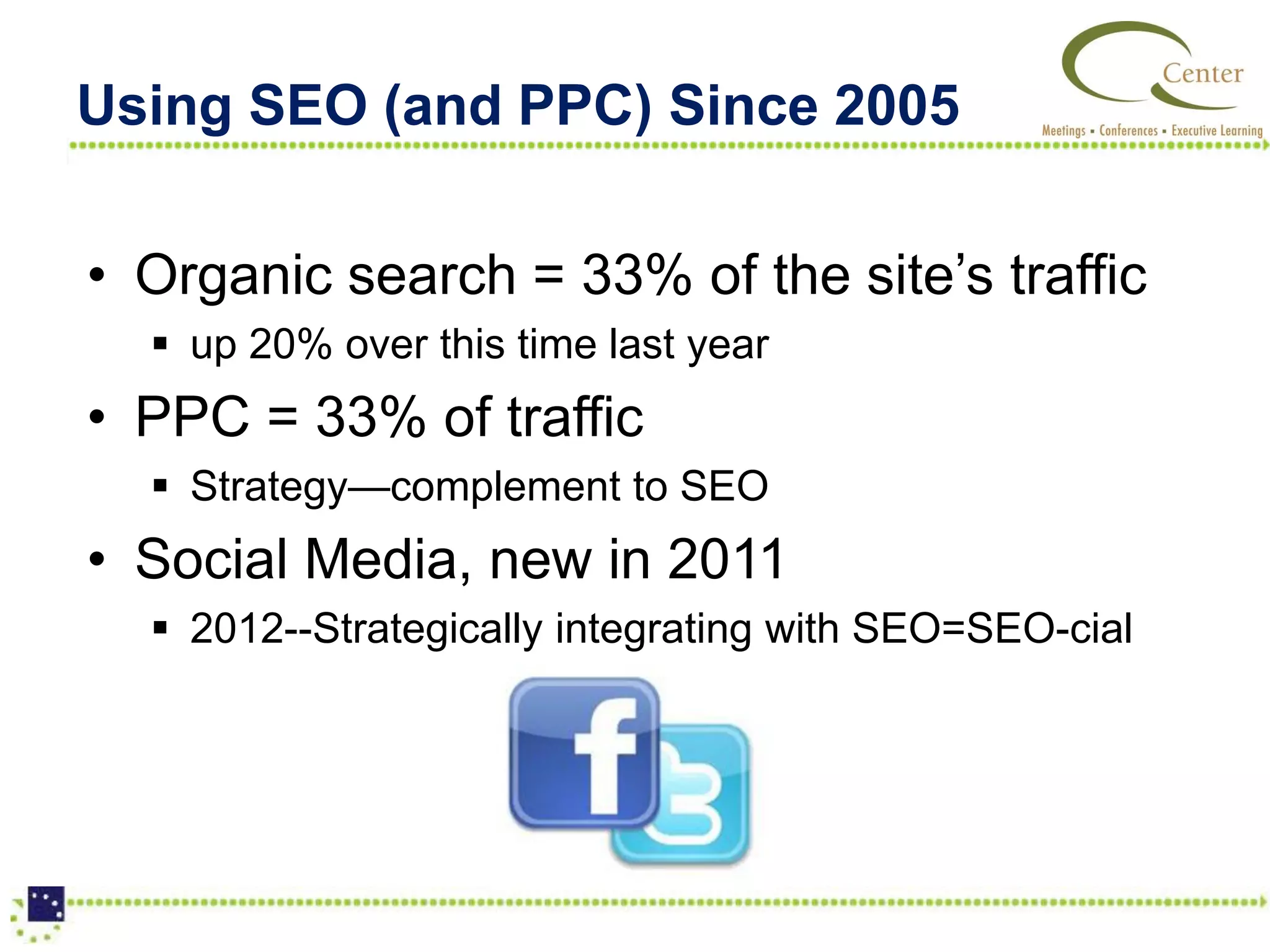 Using SEO (and PPC) Since 2005

• Organic search = 33% of the site’s traffic
   up 20% over this time last year
• PPC = 33% of traffic
   Strategy—complement to SEO
• Social Media, new in 2011
   2012--Strategically integrating with SEO=SEO-cial
 