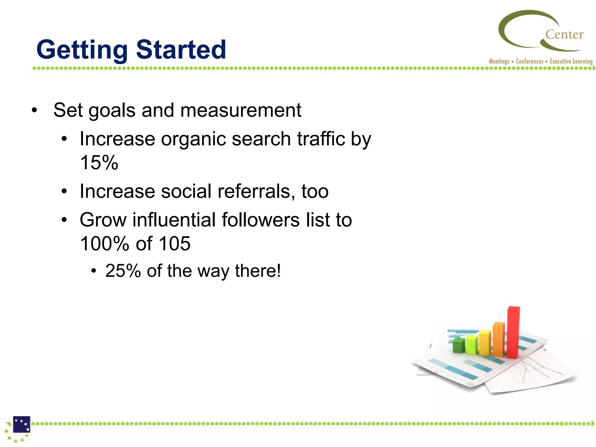 Getting Started

• Set goals and measurement
   • Increase organic search traffic by
     15%
   • Increase social referrals, too
   • Grow influential followers list to
     100% of 105
      • 25% of the way there!
 