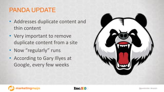 @janetdmiller | #mpb2b
PANDA UPDATE
• Addresses duplicate content and
thin content
• Very important to remove
duplicate co...