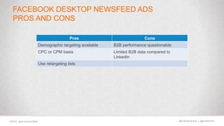 @marketingmojo | @janetdmiller©2015, Janet Driscoll Miller
FACEBOOK DESKTOP NEWSFEED ADS
PROS AND CONS
Pros Cons
Demograph...