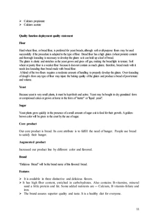 11
 Calcium propionate
 Calcium acetate
Quality function deployment quality statement
Flour
Hardwheat flour, orbreadflour, is preferred for yeast breads,although soft orall-purpose flours may beused
successfully if the procedure is adaptedtothe type offlour. Breadflour has ahigh gluten (wheat protein) content
and thorough kneading is necessary todevelop the gluten soit canhold up aloaf of bread.
The gluten is elastic andstretches asthe yeast grows and gives off gas, making the breadlight in texture. Soft
wheat orpastry flour is aweakerflour becauseit doesnot contain asmuch gluten; therefore, breadmade with it
needs less kneading than breadmade with breadflour.
Ablend ofthe twoflours requires amoderate amount ofhandling toproperly develop the gluten. Over-kneading
ofdough’s from anytype offlour may injure the baking quality ofthe gluten and produceabreadofpoortexture
and volume.
Yeast
Because yeast is verysmall plants, it must bekeptfresh and active. Yeast may bebought in drygranulated form
orcompressed cakesorgrown athome in the form of"starter" or"liquid yeast".
Sugar
Yeast plants grow quickly in the presence ofasmall amount ofsugar asit is food for their growth. Agolden-
browncolor will begiven tothe crust bythe use ofsugar.
Core product
Our core product is bread. Its core attribute is to fulfill the need of hunger. People use bread
to satisfy their hunger.
Augmented product
Increased our product line by different color and flavored.
Brand
“Delicious Bread”will bethe brand name ofthis flavored bread.
Features
 It is available in three distinctive and delicious flavors.
 It has high fiber content, enriched in carbohydrates. Also contains B-vitamins, mineral
sand a little protein and fat. Some added nutrients are -- Calcium, B vitamin-foliate and
iron.
 The brand assures superior quality and taste. It is a healthy diet for everyone.
 