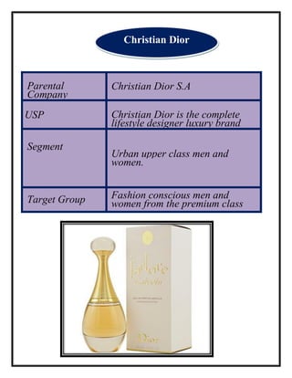 Parental
Company
Christian Dior S.A
USP Christian Dior is the complete
lifestyle designer luxury brand
Segment
Urban upper class men and
women.
Target Group Fashion conscious men and
women from the premium class
Christian Dior
 