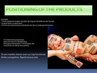 POSITIONING OF THE PRODUCTSConcepts:“Think outside the bubble”: Be Bold, Be Original, Be Different, Be Yourself.