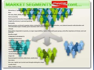 MARKET SEGMENTS                 cont…Elementary 4th grade, High school, CEGEP and UniversityRaceAll: Asian, Black, White, Native; other; with adapted strategy for Asian consumers already familiar with Bubble TeaHome ownershipRenting apartment/condo, living with parents(Highly discretionary in personal spending)PersonalityBrand conscious, anchored in popular culture, inclined for differentiation and sophistication, very tolerant towards multiculturalism and internationalism (open-minded), quick maturation with modern productsLifestyleMost of them dependent on parents, no major responsibilities, highly influenced by peer groups, active life, importance of school, work and social lifeBenefits soughtCOMMUNICATION BENEFITS-Nutritional information-Informational text on history of productFUNCTIONAL BENEFITS-Healthier than soft drinks-Convenient, easy to take outPERCEPTUAL BENEFITS-Quality/Premium price-Social standing/good-lookingUsage rateSeasonal (peak in summer), daily-basis, weekly basisUser statusNon-user, regular user (current user through existing bar-shops)Loyalty statusNone, medium, strong