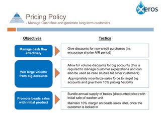 Pricing Policy
     - Manage Cash flow and generate long term customers



   Objectives                                       Tactics

 Manage cash flow             Give discounts for non-credit purchases (i.e.
    effectively               encourage shorter A/R period)


                              Allow for volume discounts for big accounts (this is
                              required to manage customer expectations and can
  Win large volume            also be used as case studies for other customers)
 from big accounts
                              Appropriately incentivize sales force to target big
                              accounts and give them 10% pricing flexibility


                              Bundle annual supply of beads (discounted price) with
Promote beads sales           initial sale of washer unit
 with initial product         Maintain 10% margin on beads sales later, once the
                              customer is locked in
 