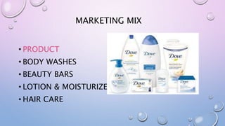 MARKETING MIX
• PRODUCT
• BODY WASHES
• BEAUTY BARS
• LOTION & MOISTURIZERS
• HAIR CARE
 