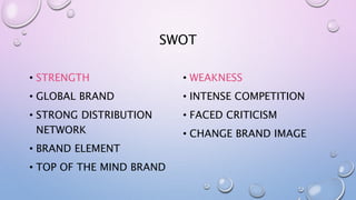 SWOT
• STRENGTH
• GLOBAL BRAND
• STRONG DISTRIBUTION
NETWORK
• BRAND ELEMENT
• TOP OF THE MIND BRAND
• WEAKNESS
• INTENSE COMPETITION
• FACED CRITICISM
• CHANGE BRAND IMAGE
 