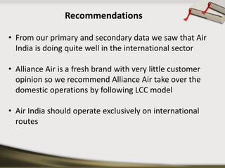 •From our primary and secondary data we saw that Air India is doing quite well in the international sector 
•Alliance Air is a fresh brand with very little customer opinion so we recommend Alliance Air take over the domestic operations by following LCC model 
•Air India should operate exclusively on international routes 
Recommendations  
