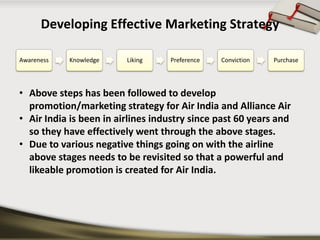 Developing Effective Marketing Strategy 
Awareness 
Knowledge 
Liking 
Preference 
Conviction 
Purchase 
•Above steps has been followed to develop promotion/marketing strategy for Air India and Alliance Air 
•Air India is been in airlines industry since past 60 years and so they have effectively went through the above stages. 
•Due to various negative things going on with the airline above stages needs to be revisited so that a powerful and likeable promotion is created for Air India.  