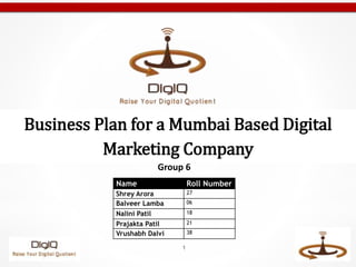 1
Business Plan for a Mumbai Based Digital
Marketing Company
Name Roll Number
Shrey Arora 27
Balveer Lamba 06
Nalini Patil 18
Prajakta Patil 21
Vrushabh Dalvi 38
Group 6
 