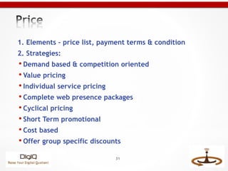 1. Elements – price list, payment terms & condition
2. Strategies:
• Demand based & competition oriented
• Value pricing
•...