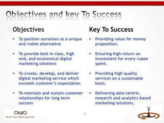 Objectives
 To position ourselves as a unique
and viable alternative
 To provide best in class, high
end, and economical...
