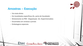 Amostras – Execução
• Via mala direta
• Em localidades específicas (Ex. porta de faculdade)
• Diretamente no PDV - Degustação (Ex. Supermercados)
• Encartados em revistas e jornais
• Embalagens especiais
 