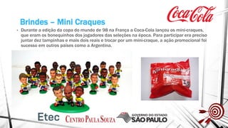 Brindes – Mini Craques
• Durante a edição da copa do mundo de 98 na França a Coca-Cola lançou os mini-craques,
que eram os bonequinhos dos jogadores das seleções na época. Para participar era preciso
juntar dez tampinhas e mais dois reais e trocar por um mini-craque, a ação promocional foi
sucesso em outros países como a Argentina.
 