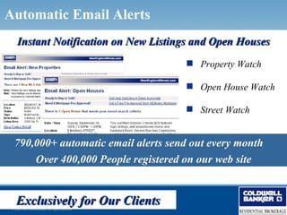 Automatic Email Alerts
     Instant Notification on New Listings and Open Houses
                                                  Property Watch

                                                  Open House Watch

                                                  Street Watch


   790,000+ automatic email alerts send out every month
       Over 400,000 People registered on our web site


    Exclusively for Our Clients
 © 2006 NRT Incorporated. All rights reserved.
 