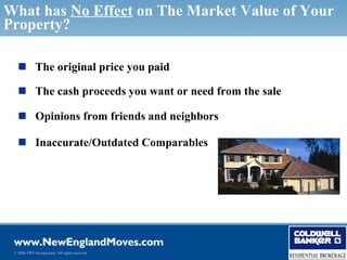 What has No Effect on The Market Value of Your
Property?

    The original price you paid

    The cash proceeds you want or need from the sale

    Opinions from friends and neighbors

    Inaccurate/Outdated Comparables




 © 2006 NRT Incorporated. All rights reserved.
 