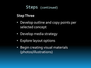 Steps     (continued)

Step Three
• Develop outline and copy points per
  selected concept
• Develop media strategy
• Explore layout options
• Begin creating visual materials
  (photos/illustrations)
 