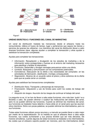 34
M = Fabricante C= Cliente D = Distribuidor
Figura1
UNIDAD DIDÁCTICA 2: FUNCIONES DEL CANAL DE MARKETING
Un canal de distribución traslada las mercancías desde el artesano hasta los
consumidores; rellena el hueco de tiempo, lugar y pertenencia que separa los bienes y
servicios de quienes los utilizarían. Los miembros del canal de distribución llevan a cabo
diversas funciones clave: algunas ayudan a completar la transacción y otras ayudan a
satisfacer la transacción completada.
Ayudas para completar las transacciones:
Información. Recopilación y divulgación de los estudios de marketing y de la
información sobre protagonistas y fuerzas en el entorno del marketing necesarios
para planificar y facilitar el intercambio.
Promoción. Desarrollar y divulgar mensajes persuasivos sobre una oferta.
Contacto. Búsqueda y comunicación con los compradores potenciales.
Coincidencia. Adecuación de la oferta a las necesidades del comprador, en las
actividades de fabricación, clasificación, montaje y empaquetado.
Negociación. Alcance de un acuerdo sobre el precio y otros extremos de la oferta
para que se pueda cerrar un contrato.
Ayudas para satisfacer las transacciones completadas:
Distribución física. Transporte y almacenaje de mercancías.
Financiación. Adquisición y uso de fondos para cubrir los costes de trabajo del
canal.
Adopción de riesgos. Asunción de los riesgos de continuar el trabajo del canal.
La pregunta no es ‘si’ se han de llevar a cabo estas funciones, sino más bien ‘quién’ va a
llevarlas a cabo. Se pueden eliminar o sustituir las instituciones del sistema del canal,
pero no se pueden eliminar las funciones. Cuando se eliminan los miembros del canal,
sus funciones se trasladan hacia delante o hacia atrás en el canal para que las asuman
otros miembros. Dicho con pocas palabras, se pueden eliminar los intermediarios, pero no
sus funciones.
Todas estas funciones utilizan pocos recursos y a menudo se pueden llevar a cabo mejor
por medio de la especialización. En la medida en que el artesano lleve a cabo estas
funciones, sus costes aumentarán y sus precios tendrán que ser más elevados. De
manera simultánea, cuando algunas de estas funciones se trasladan a los intermediarios,
los costes que el artesano soporta pueden ser menores, pero los intermediarios deben
 