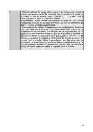 44
5 • Marketing directo. Se puede utilizar una serie de enfoques de marketing
directo que abarcan desde la respuesta directa vendiendo a través de
anuncios en prensa escrita, radio o televisión, por pedido postal y
catálogos hasta la venta por teléfono e Internet.
• Vendedores. Puede vender directamente a través de sus propios
vendedores o utilizar los de otras empresas. De manera alternativa, se
podría recurrir a vendedores contratados.
• Intermediarios. Se trata de organizaciones independientes que llevarán a
cabo una serie de actividades. Los comerciantes, que incluyen a los
mayoristas y a los minoristas, que compran, se hacen propietarios de los
productos y los revenden, mientras que los corredores y agentes no
compran ni llevan los productos, sino que ayudan a venderlos a los
clientes negociando los plazos y condiciones de precios y ventas, en
nombre del proveedor. Otros intermediarios son las empresas de
transporte, los almacenes independientes, las empresas financieras y los
bancos que llevan a cabo una serie de funciones del canal para facilitar el
caudal de bienes y servicios desde la empresa hasta el usuario.
 