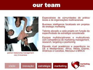 partner relationship management
cop | b-business
Especialistas de comunidades de prática
locais e de organizações multinacionais
Business intelligence focalizado em projetos
de strategic marketing
Talento alocado a cada projeto em função da
especificidade da estratégia considerada
Equipas multidisciplinares e multiculturais
com competência de marketing management,
research, targeting e positioning
Elevado nível académico e experiência na
UE e Mediterrâneo, África, Médio Oriente,
Américas e Caraíbas, Mercosur e BRICS
our team
visão inovação estratégia marketing
 