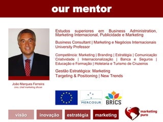 our mentor
João Marques Ferreira
cmo, chief marketing oficcer
visão inovação estratégia marketing
Estudos superiores em Business Administration,
Marketing Internacional, Publicidade e Marketing
Business Consultant | Marketing e Negócios Internacionais
University Professor
Competência: Marketing | Branding | Estratégia | Comunicação
Criatividade | Internacionalização | Banca e Seguros |
Educação e Formação | Hotelaria e Turismo de Cruzeiros
Gestão Estratégica: Marketing
Targeting & Positioning | New Trends
 