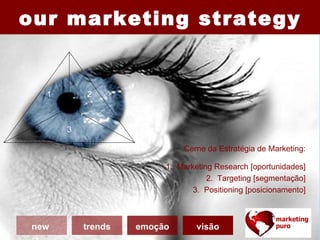 our marketing strategy


   1       2



       3

                             Cerne da Estratégia de Marketing:

                         1. Marketing Research [oportunidades]
                                    2. Targeting [segmentação]
                                3. Positioning [posicionamento]



 new       trends   emoção       visão
 