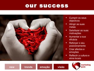 our success
                                   Cumprir os seus
                                    objectivos
                                   Atingir as suas
                                    metas
                                   Satisfazer as suas
                                    motivações
                                   Aumentar a sua
                                    eficácia
                                   Reforçar o seu
                                    posicionamento
                                   Criar afectos e
                                    emoções
                                   Reflectir a cultura e
                                    etnia locais


new   trends   emoção   visão
 