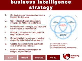 business intelligence
            strategy
1.    Conhecimento é matéria-prima para a
      tomada de decisões
2.    CoP (1) locais traçam cenários de
      evolução de hábitos e tendências
                                                (2)                        (3)
3.    Proactividade e inovação são key word
      nas decisões a implementar
4.    Research de novas oportunidades de
      negócio permanente
                                                             (1)
5.    Competitividade evolui com o modelo
      de gestão estratégica b-business (2)
6.    Gestão do conhecimento sublimada        (1) community of pratice
      com a ferramenta PRM (3)                (2) blended-business
                                              (3) partner relationship management
7.    Business strategy centralizada na
      relação de partnership

     new         trends         emoção        visão
 