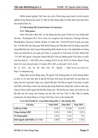 Tiểu luận Marketing Quốc tế GVHD : TS. Nguyễn Xuân Trường
HVTH: Lê Văn Trung Trực Trang 11
Nhiều doanh nghiệp Việt Nam còn yếu về khả năng cạnh tranh và tính chuyên
nghiệp trong thương mại quốc tế. Một số mặc hàng nhập vào Đức phải thực hiện theo
tiêu chuẩn Châu Âu.
2.2 Thị trường Mỹ (United States of America):
2.2.1 Tổng quan :
Nước Mỹ nằm ở Bắc Mỹ, với hệ thống sân bay quốc tế tầm cỡ ở các thành phố
lớn như : Washington D.C; New York; Los Angeles; San Francisco; Chicago; Boston;
Philadelphia; Houston; Seattle; Miami. Có diện tích : 9.826.630 km2 là quốc gia rộng
lớn. Với Bờ biển dài tiếp giáp Thái Bình Dương nên Mỹ phát triển hệ thống cảng biển
rộng khắp hiện đại, đây là giao thông đường Biển thuận lợi cho việc nhập khẩu các hàng
nông sản nhiệt đới từ các quốc gia Châu Á, trong đó có Việt Nam vào Mỹ. Dânsố Mỹ
: 313.847.465 người. Trong đó, Người Mỹ gốc Việt (cả những người Việt chưa có quốc
tịch Hoa Kỳ) là : 1.642.950; chia ra khảng 50,5% là nữ, 49,5% là Nam; độtuổi Trung
bình 34,5 tuổi; độ tuổi dưới 15 chiếm 20%; 48% có độ tuổi 15-45; từ 45 -
65 là 22%, còn lại độ tuổi trên 65. Nguồn : http://www.vcci.com.vn/;
http://vi.wikipedia.org.
Hằng năm truyền thống ngày Tết người Việt thường được tổ chức không khách
gì mấy so với quê nhà, đây là dịp để thể hiện mối quan hệ mật thiết với gia đình, họ
hàng, bạn bè ở quê nhà. Ngày nay, Người Mỹ gốc Việt (kể cả người Việt chưa có quốc
tịch Mỹ), sinh sống và làm việc thường tập trung thành khu riêng biệt và đã có một cuộc
sống ổn định, nhiều người đã bắt đầu luống tuổi. Thế hệ thứ hai, thậm chí là thứ ba, đã
bắt đầu lớn lên trong môi trường của hai nền văn hóa Việt và Mỹ. Đây là mộtthị
trường lớn cho Quýt hồng Lai Vung Việt Nam vươn ra thị trường Mỹ.
2.2.2 Chỉ số kinh tế : (xem thêm bảng biểu 2 : thị trường Mỹ)
Chỉ tiêu Năm 2010 Năm 2011 Năm 2012
GDP (tỷ USD) 15,05 15.320 15.670
Tăng trưởng GDP 2,4% 1,8% 2,3%
Tỷ lệ lạm phát 1,6% 3,1% 2%
Kim ngạch xuất khẩu (Tỷ USD) 1.289 1.497 1.612
 