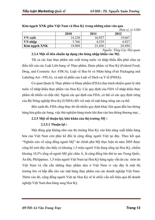 Tiểu luận Marketing Quốc tế GVHD : TS. Nguyễn Xuân Trường
HVTH: Lê Văn Trung Trực Trang 13
Kim ngạch XNK giữa Việt Nam và Hoa Kỳ trong những năm vừa qua
Đơn vị: tỷ USD
2010 2011 2012
VN xuất 14.238 16,927 19.667
VN nhập 3.766 4,529 4.827
Kim ngạch XNK 18.004 21,456 24.494
Nguồn: Tổng Cục Hải quan
2.2.4 Một số tiêu chuẩn áp dụng cho hàng nhập khẩu vào Mỹ.
Tất cả các loại thực phẩm sản xuất trong nước và nhập khẩu đều phải chịu sự
điều tiết của các Luật Liên bang về Thực phẩm, Dược phẩm và Hoa Kỳ (Federal Food,
Drug, and Cosmetic Act -FDCA), Luật về Bao bì và Nhãn hàng (Fair Packaging and
Labeling Act - FPLA), và một số phần của Luật về Dịch vụ Y tế (PHSA).
Cơ quan Quản lý Thực phẩm và Dược phẩm (FDA) chịu trách nhiệm quản lý nhà
nước về nhập khẩu thực phẩm vào Hoa Kỳ. Các quy định của FDA về nhập khẩu thực
phẩm rất nhiều và chặt chẽ. Ngoài các qui định của FDA, có thể có các quy định riêng
của Bộ Nông nghiệp Hoa Kỳ (USDA) đối với một số mặt hàng nông sản cụ thể.
Bên cạnh đó, FDA cũng thực thi rất nhiều quy định khác liên quan đến lưu thông
hàng hóa giữa các bang, việc thử nghiệm hàng trước khi đưa vào lưu thông thương mại...
2.2.5 Một số thuận lợi, khó khăn của thị trường Mỹ :
2.2.5.1 Thuận lợi :
Một đóng góp không nhỏ của thị trường Hoa Kỳ vào khả năng xuất khẩu hàng
hóa của Việt Nam còn phải kể đến là cộng đồng người Việt tại đây. Theo kết quả
“Nghiên cứu về cộng đồng người Mỹ” do chính phủ Mỹ thực hiện từ năm 2005 được
công bố mới đây cho thấy có khoảng 1,5 triệu người Việt đang sống tại Hoa Kỳ, chiếm
khoảng 10,5% tổng số người Mỹ gốc châu Á, là cộng đồng lớn thứ tư sau Trung Quốc,
Ấn Độ, Philippines. 1,5 triệu người Việt Nam tại Hoa Kỳ hàng ngày vẫn ăn các món ăn
Việt Nam và vẫn cần những thực phẩm như ở Việt Nam vì vậy đây là một thị
trường lớn và hấp dẫn cho các mặt hàng thực phẩm của các doanh nghiệp Việt Nam.
Thêm vào đó, cộng đồng người Việt tại Hoa Kỳ sẽ là chiếc cầu nối hiệu quả để doanh
nghiệp Việt Nam đưa hàng sang Hoa Kỳ.
 