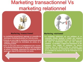Marketing transactionnel Vs
marketing relationnel
Marketing transactionnel
•Le marketing transactionnel regroupe un ensemble de
techniques marketing focalisées sur l’acte de vente.
•Entendu au sens large le marketing transactionnel peut
englober notamment les techniques de ventes et le
marketing produit.
•Dans un sens plus strict et probablement plus courant,
le marketing transactionnel va désigner des campagnes
et actions marketing, notamment de marketing direct,
ayant pour objectif de déclencher une vente.
Marketing relationnel
•Le marketing relationnel est une politique et un
ensemble d’outils destinés à établir des relations
individualisées et interactives avec les clients, en vue
de créer et d’entretenir chez eux des attitudes
positives et durables à l’égard de l’entreprise et des
marques. Pour établir et maintenir les bonnes
relations avec les clients il faut les connaître, leur
parler, les écouter, les récompenser pour leur fidélité
et si possible les associer à la vie de l’entreprise ou de
la marque
15
 