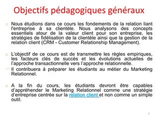 Objectifs pédagogiques généraux
o Nous étudions dans ce cours les fondements de la relation liant
l'entreprise à sa clientèle. Nous analysons des concepts
essentiels atour de la valeur client pour son entreprise, les
stratégies de fidélisation de la clientèle ainsi que la gestion de la
relation client (CRM - Customer Relationship Management).
o L’objectif de ce cours est de transmettre les règles empiriques,
les facteurs clés de succès et les évolutions actuelles de
l’approche transactionnelle vers l’approche relationnelle.
 Il contribuera à préparer les étudiants au métier du Marketing
Relationnel.
o A la fin du cours, les étudiants devront être capables
d’appréhender le Marketing Relationnel comme une stratégie
d’entreprise centrée sur la relation client et non comme un simple
outil.
2
 