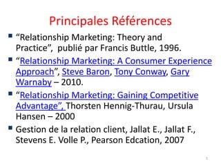 Principales Références
 “Relationship Marketing: Theory and
Practice”, publié par Francis Buttle, 1996.
 “Relationship Marketing: A Consumer Experience
Approach”, Steve Baron, Tony Conway, Gary
Warnaby – 2010.
 “Relationship Marketing: Gaining Competitive
Advantage”, Thorsten Hennig-Thurau, Ursula
Hansen – 2000
 Gestion de la relation client, Jallat E., Jallat F.,
Stevens E. Volle P., Pearson Edcation, 2007
5
 