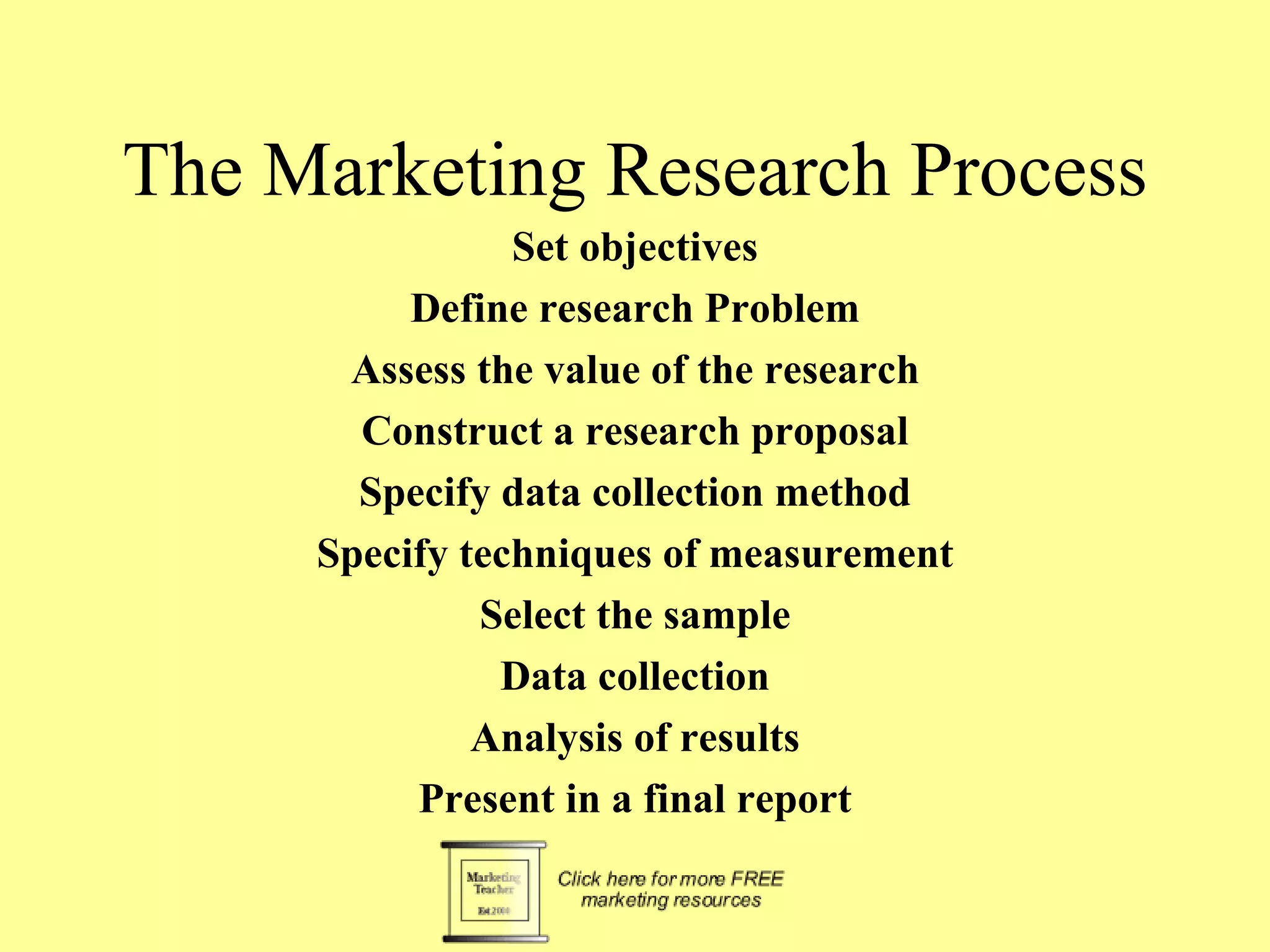The Marketing Research Process Set objectives Define research Problem Assess the value of the research Construct a research proposal Specify data collection method Specify techniques of measurement Select the sample Data collection Analysis of results Present in a final report 