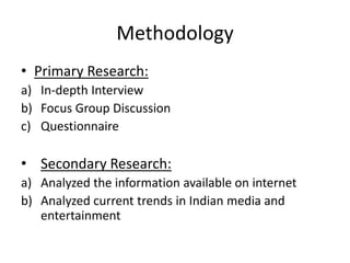 marketing proposition of different news channel.Current Trends in TV News ChannelThe Hindi and English news channels are main players. Hindi news channels : AajTak, IBN-7, NDTV IndiaEnglish News Channels : BBC world, CNBC, CNN IBNIndian Television Industry is worth Rs 19,100 croreExpected Growth Rate is about 13% in 2011 and 22% over next fiver years.