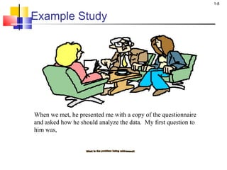 1-8 
Example Study 
When we met, he presented me with a copy of the questionnaire 
and asked how he should analyze the data. My first question to 
him was, 
 