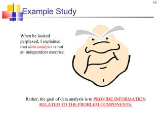 1-9 
Example Study 
When he looked 
perplexed, I explained 
that data analysis is not 
an independent exercise. 
Rather, the goal of data analysis is to PROVIDE INFORMATION 
RELATED TO THE PROBLEM COMPONENTS. 
 