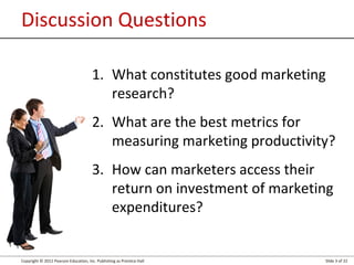 Copyright © 2012 Pearson Education, Inc. Publishing as Prentice Hall Slide 3 of 22
Discussion Questions
1. What constitutes good marketing
research?
2. What are the best metrics for
measuring marketing productivity?
3. How can marketers access their
return on investment of marketing
expenditures?
 