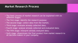Market Research Process
• The basic process of market research can be explained with six
different stages:
• The first stage: identify the research purpose;
• The second stage: collect data from the market;
• Third stage: evaluate already collected data;
• Fourth stage: analyze already collected and evaluated data;
• The fifth stage: interpret already analyzed data;
• Sixth stage: disseminate the final product from market research to
all decision-makers in your company.
 