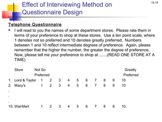 10-14
Effect of Interviewing Method on
Questionnaire Design
Telephone Questionnaire
 I will read to you the names of some department stores. Please rate them in
terms of your preference to shop at these stores. Use a ten point scale, where
1 denotes not so preferred and 10 denotes greatly preferred. Numbers
between 1 and 10 reflect intermediate degrees of preference. Again, please
remember that the higher the number, the greater the degree of preference.
Now, please tell me your preference to shop at .......(READ ONE STORE AT A
TIME)
 
Store Not So Greatly
Preferred Preferred
1. Lord & Taylor 1 2 3 4 5 6 7 8 9 10
2. Macy's 1 2 3 4 5 6 7 8 9 10
.
.
.
10. Wal-Mart 1 2 3 4 5 6 7 8 9 10
 