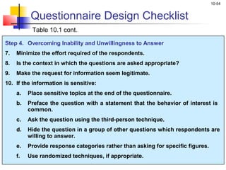 10-54
Step 4. Overcoming Inability and Unwillingness to Answer
7. Minimize the effort required of the respondents.
8. Is the context in which the questions are asked appropriate?
9. Make the request for information seem legitimate.
10. If the information is sensitive:
a. Place sensitive topics at the end of the questionnaire.
b. Preface the question with a statement that the behavior of interest is
common.
c. Ask the question using the third-person technique.
d. Hide the question in a group of other questions which respondents are
willing to answer.
e. Provide response categories rather than asking for specific figures.
f. Use randomized techniques, if appropriate.
Questionnaire Design Checklist
Table 10.1 cont.
 