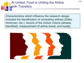 2-34
Characteristics which influence the research design
included the identification of competing airlines (Delta,
American, etc.), factors of the choice criteria (already
identified), measurement of airline travel, and loyalty.
At United, Food is Uniting the Airline
with Travelers
 