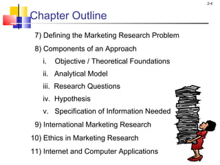 2-4
Chapter Outline
7) Defining the Marketing Research Problem
8) Components of an Approach
i. Objective / Theoretical Foundations
ii. Analytical Model
iii. Research Questions
iv. Hypothesis
v. Specification of Information Needed
9) International Marketing Research
10) Ethics in Marketing Research
11) Internet and Computer Applications
 